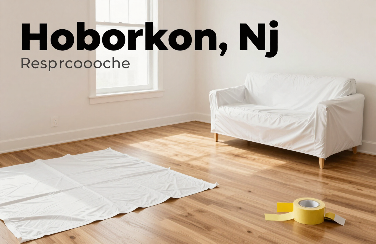 Illustrative interior painting prep with drop cloths, painter's tape, and protected hardwood floors in a Hoboken condo