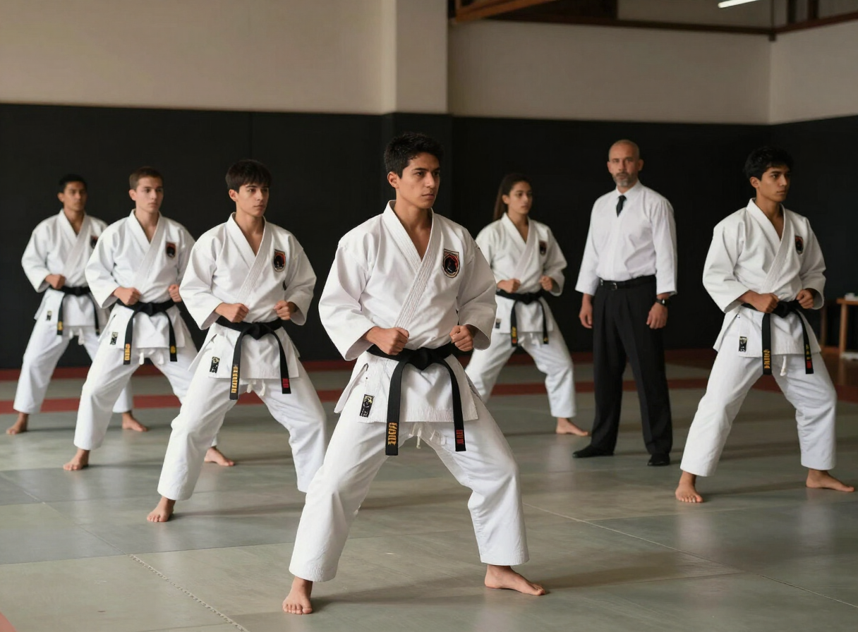 Práctica de karate con atletas y sensei en un dojo moderno