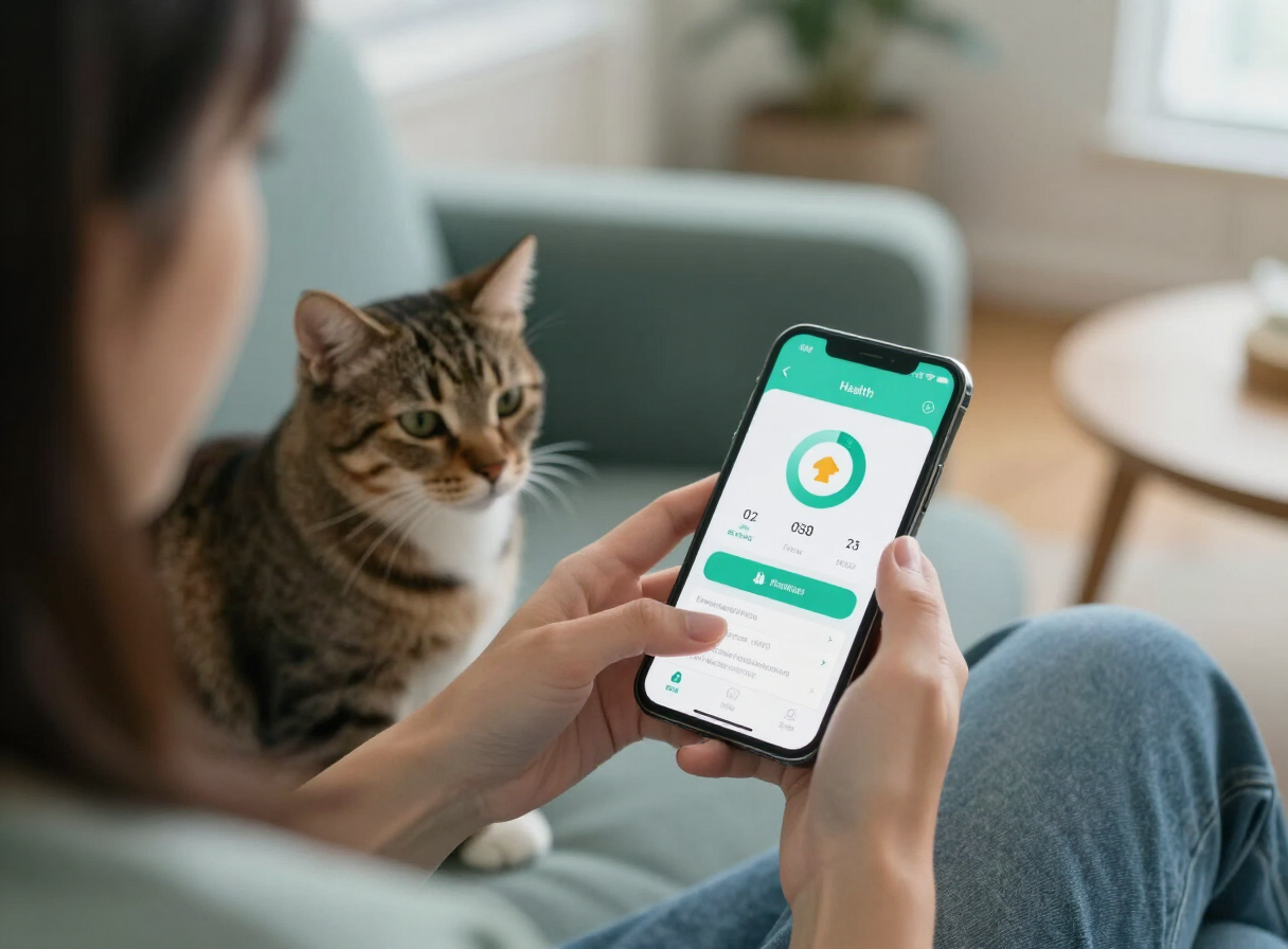 Pet owner using the VetBuddy app beside a resting cat