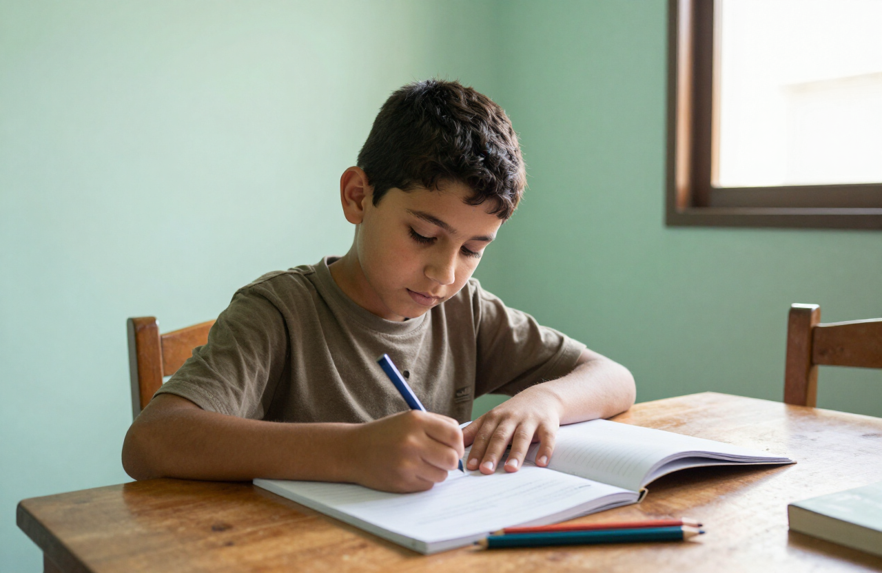 Un enfant fait ses devoirs à la maison, concentré et serein, à Casablanca