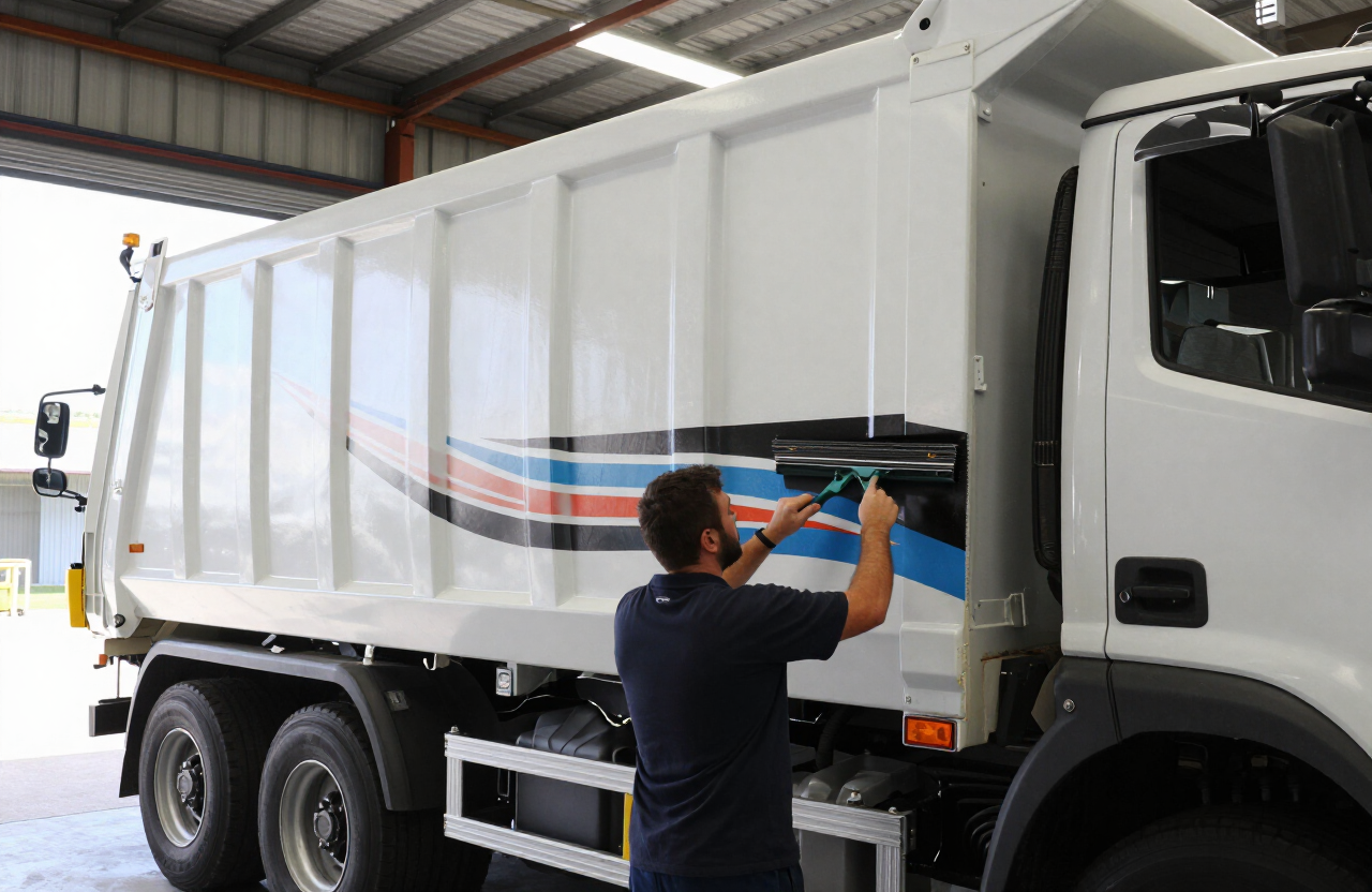 Technician installing a vinyl graphic on a heavy dump truck