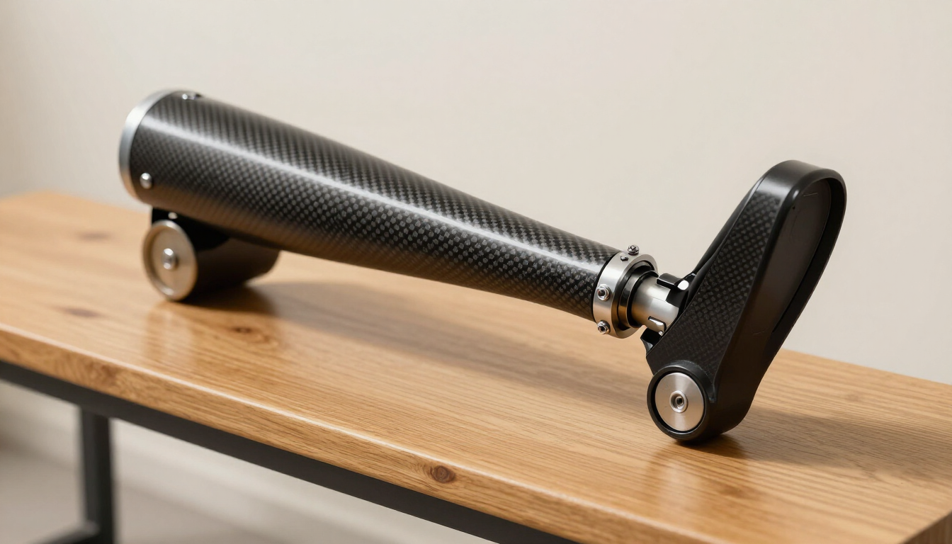 A close-up of a carbon fiber prosthetic leg resting on a wooden bench in soft daylight