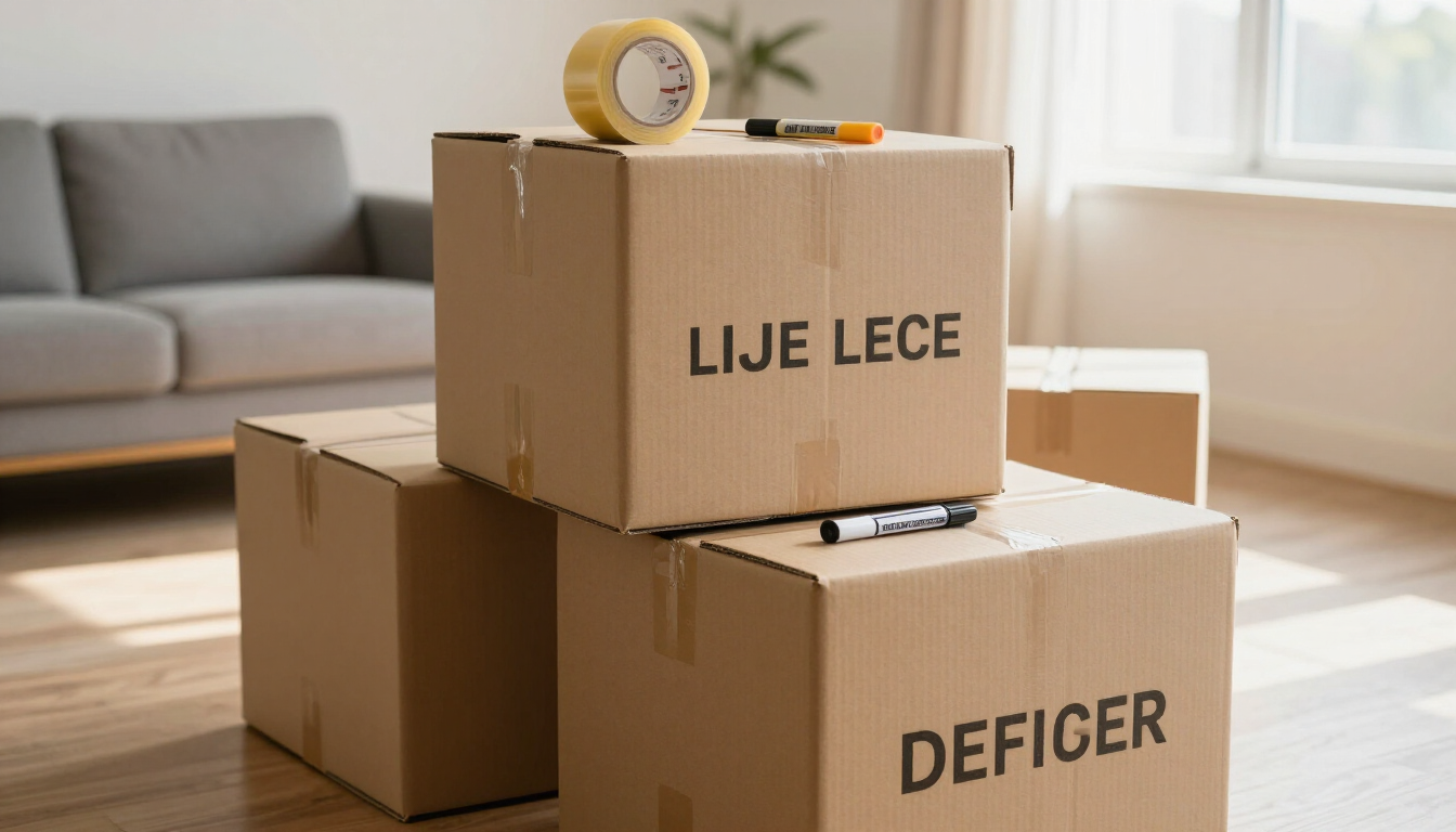 Labeled moving boxes stacked and ready for a long distance move
