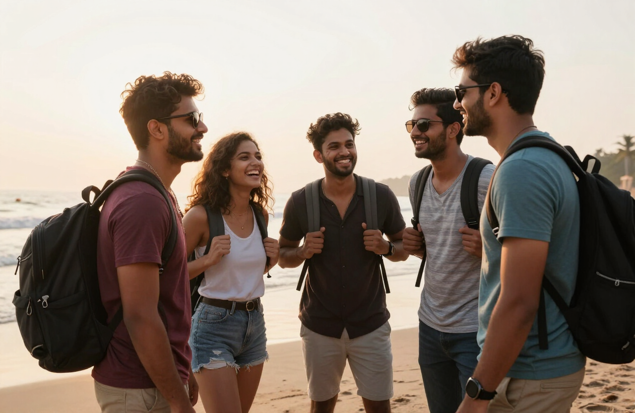Young Indian travellers laughing together on a Goa beach at sunset