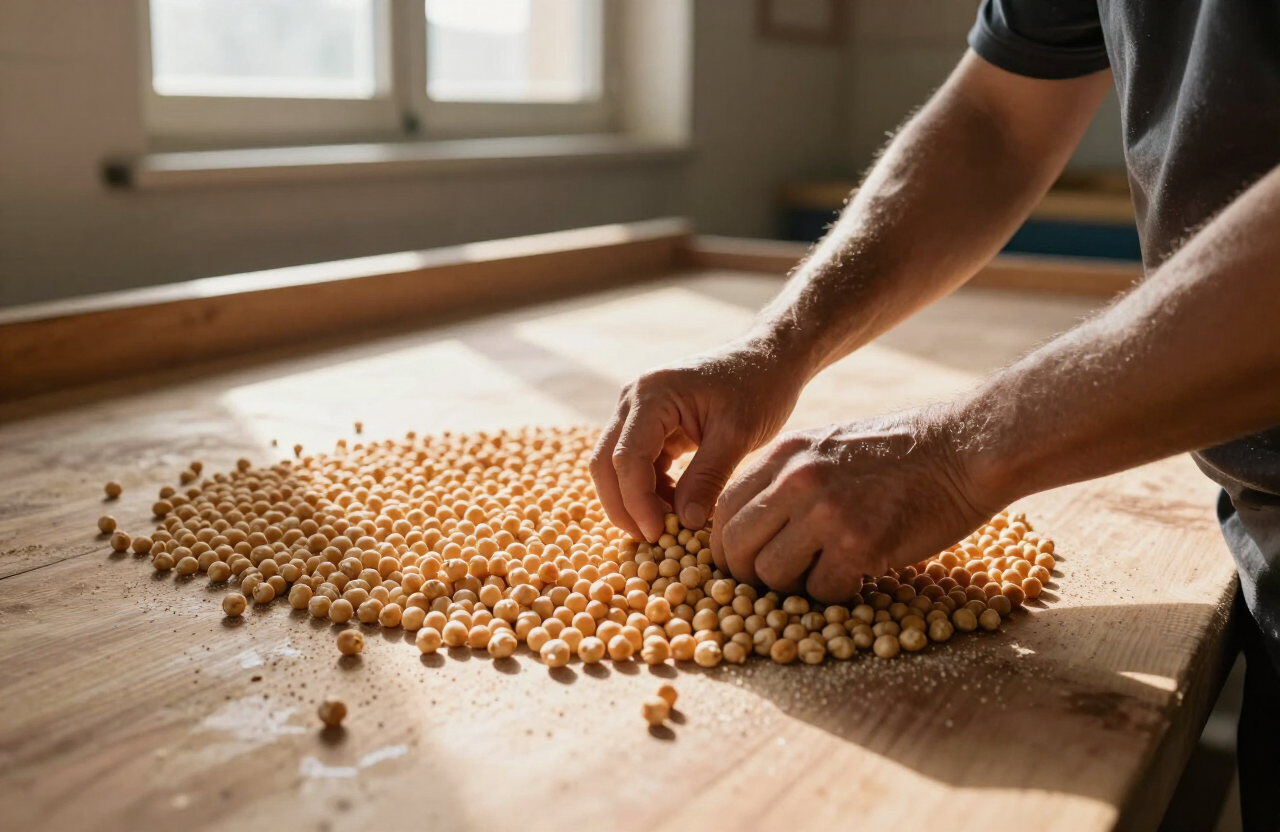 Selezione manuale dei ceci su tavolo di legno