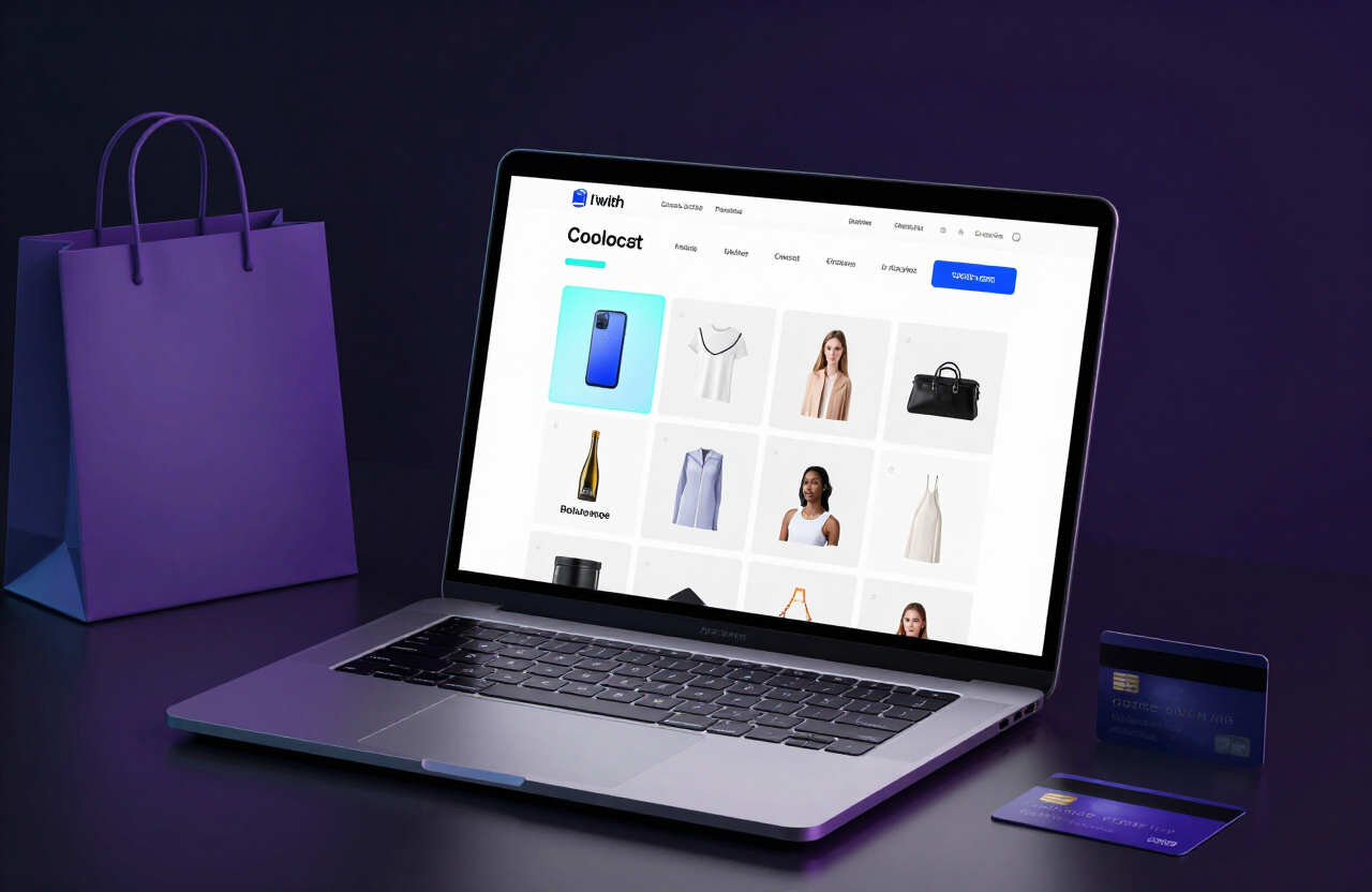 Ecommerce online store product grid and checkout page on a laptop