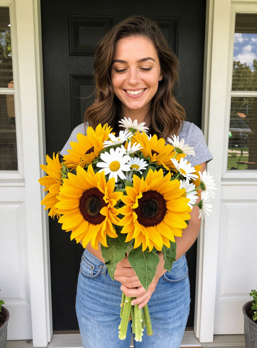 A bouquet of sunflowers arriving at the front door