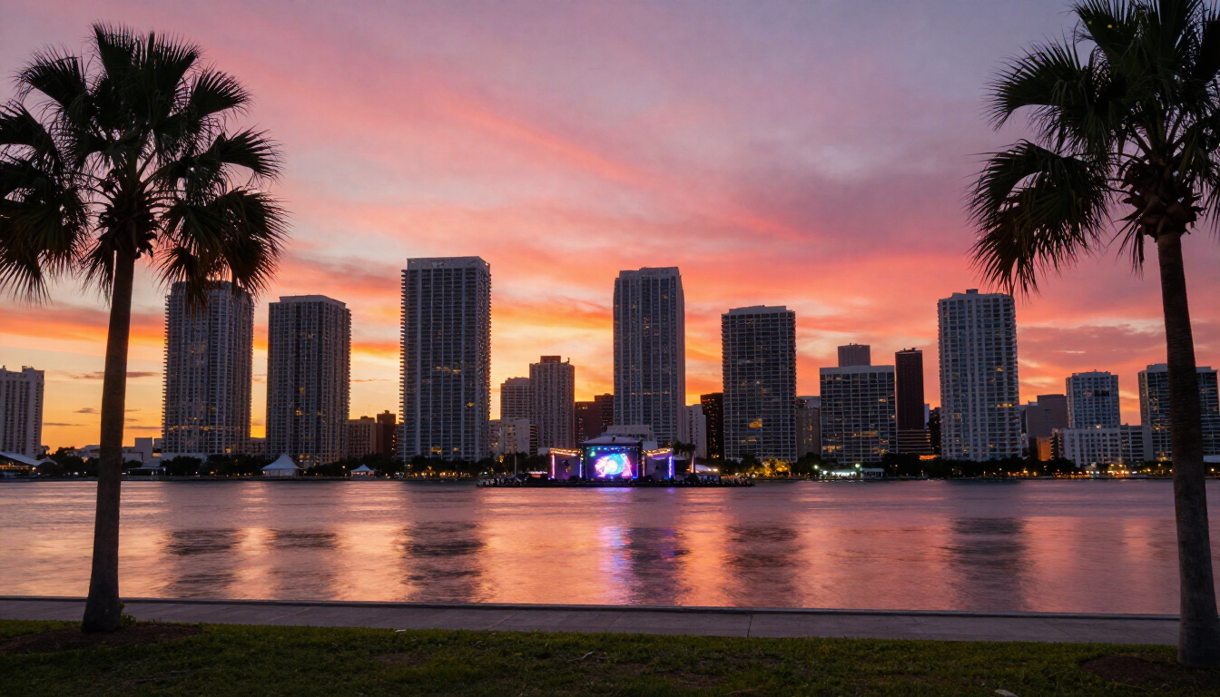 Downtown Miami skyline and Bayfront Park at sunset, a central base for Ultra Music Festival and Miami music trips