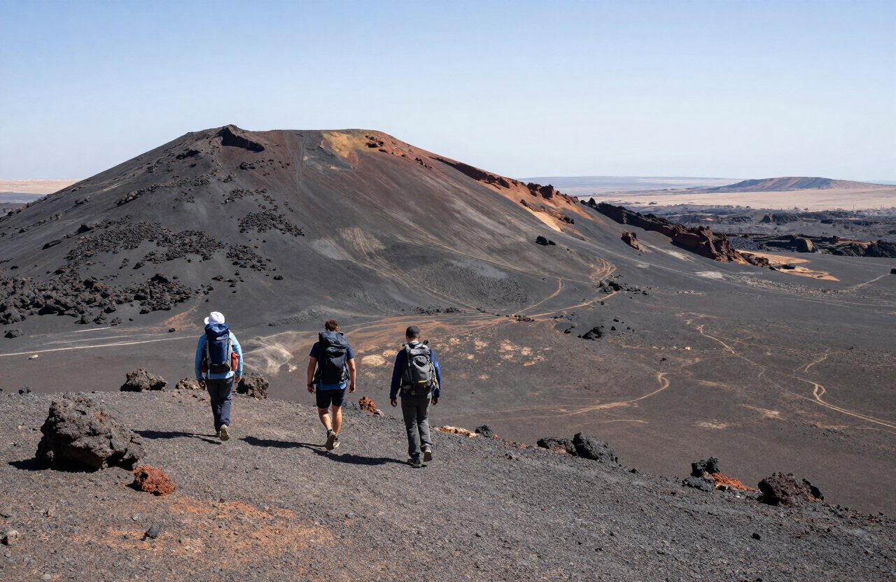 Hikers walking on a rocky volcanic ridge in the Jbel Saghro massif, southern Morocco, with eroded black rock formations