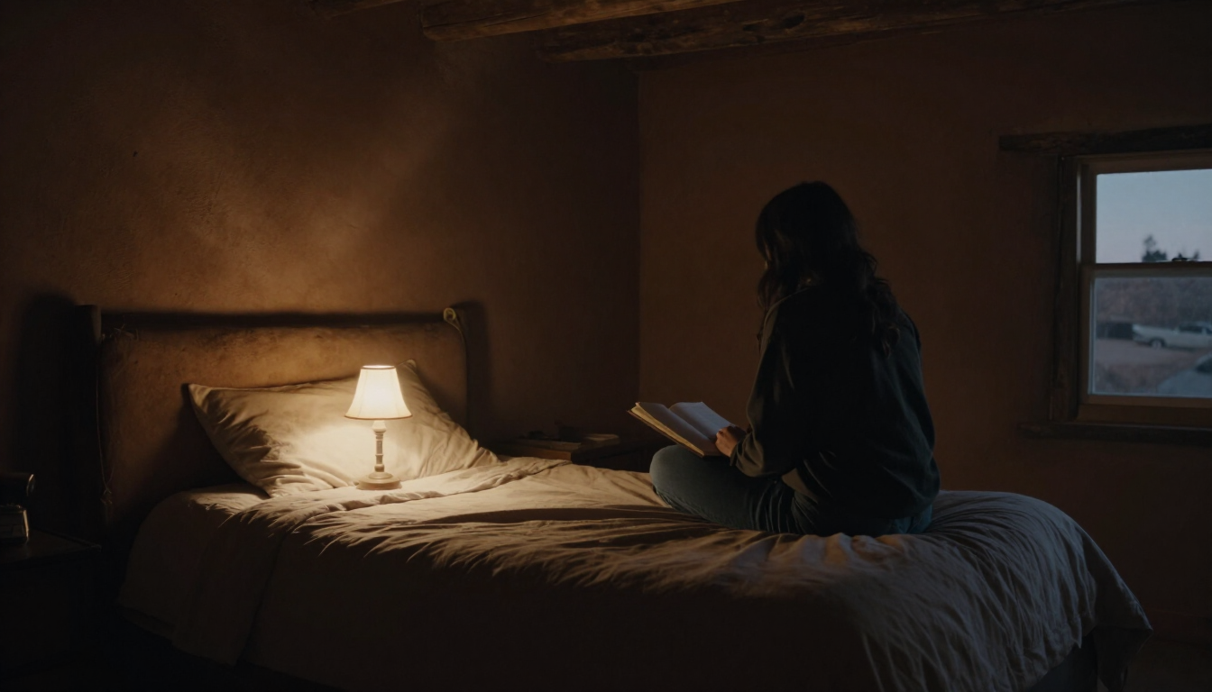 One person awake before dawn, lamp on, notebook open.