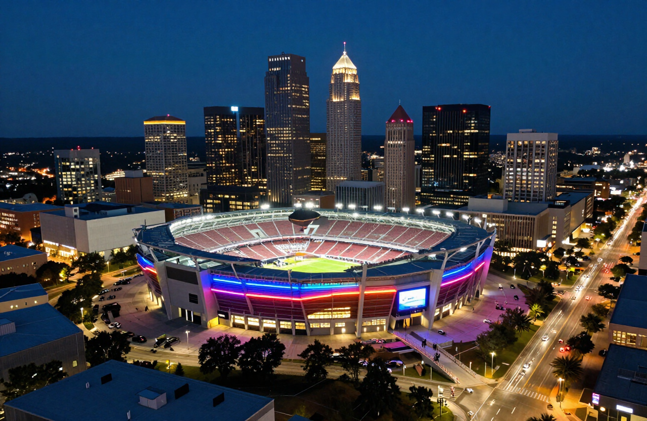 Aerial night view of a lit downtown arena stadium surrounded by an illuminated city skyline