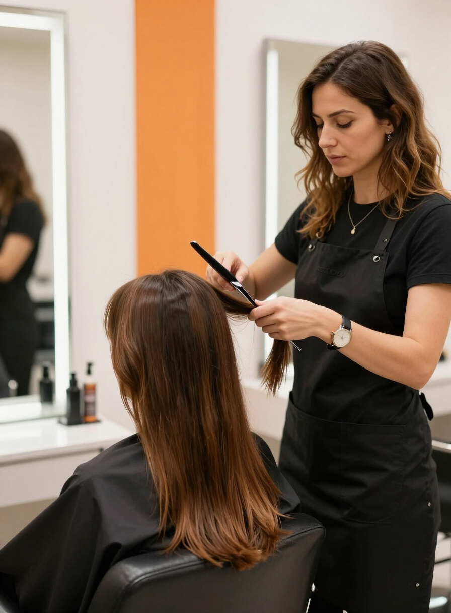 Parrucchiera che taglia i capelli lunghi di una cliente nel salone Bady Style