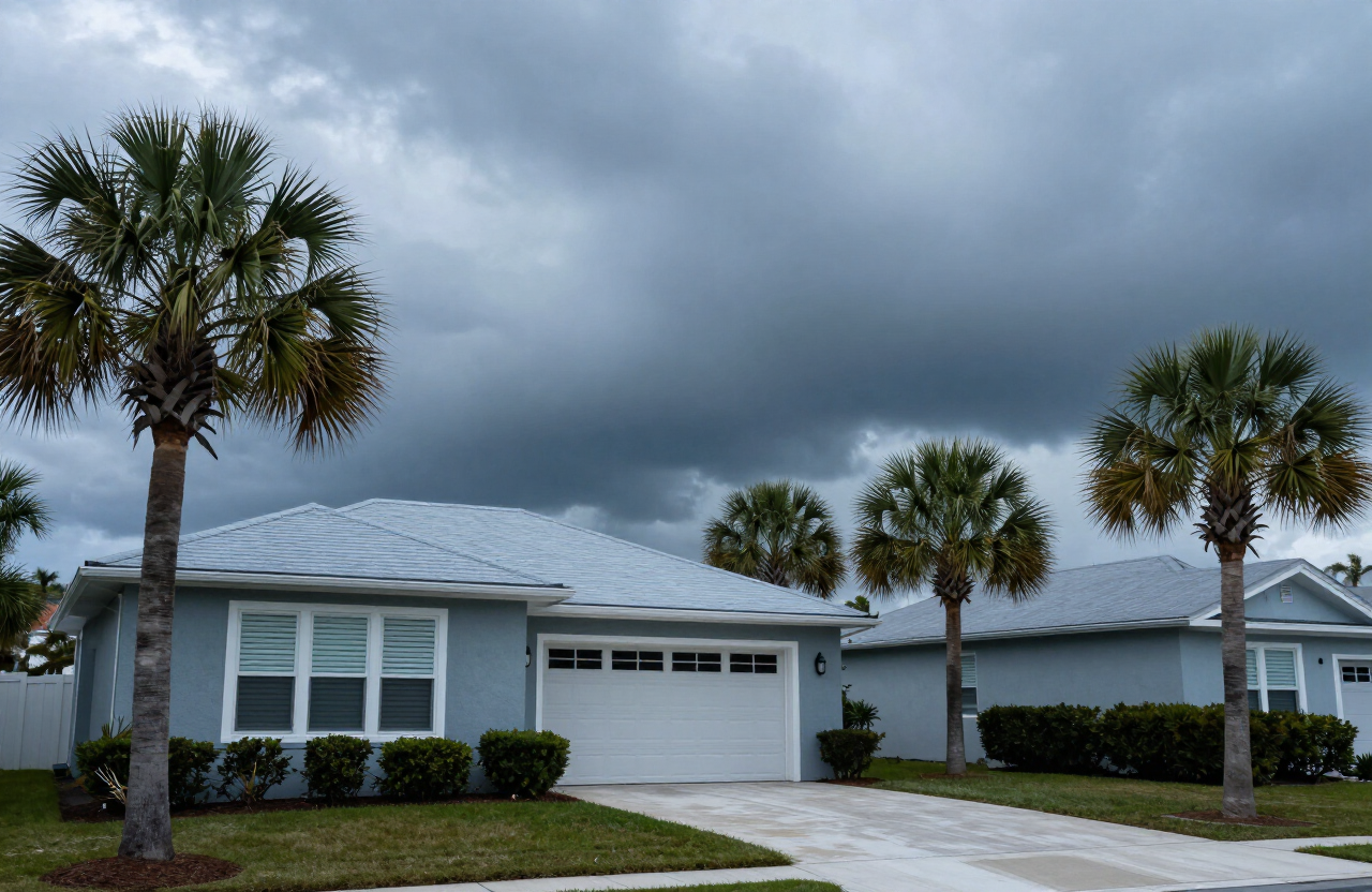 Florida coastal home with storm shutters closed under heavy grey storm clouds