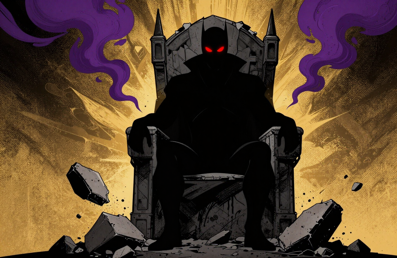 Illustration of a generic super-villain seated on a throne of broken concrete with glowing red eyes