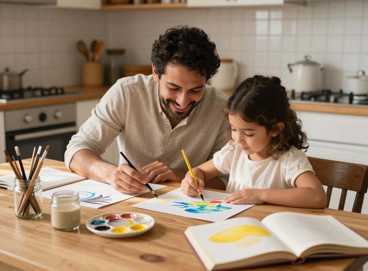 Un padre y su hija pintan con acuarelas juntos en la cocina, sin dispositivos