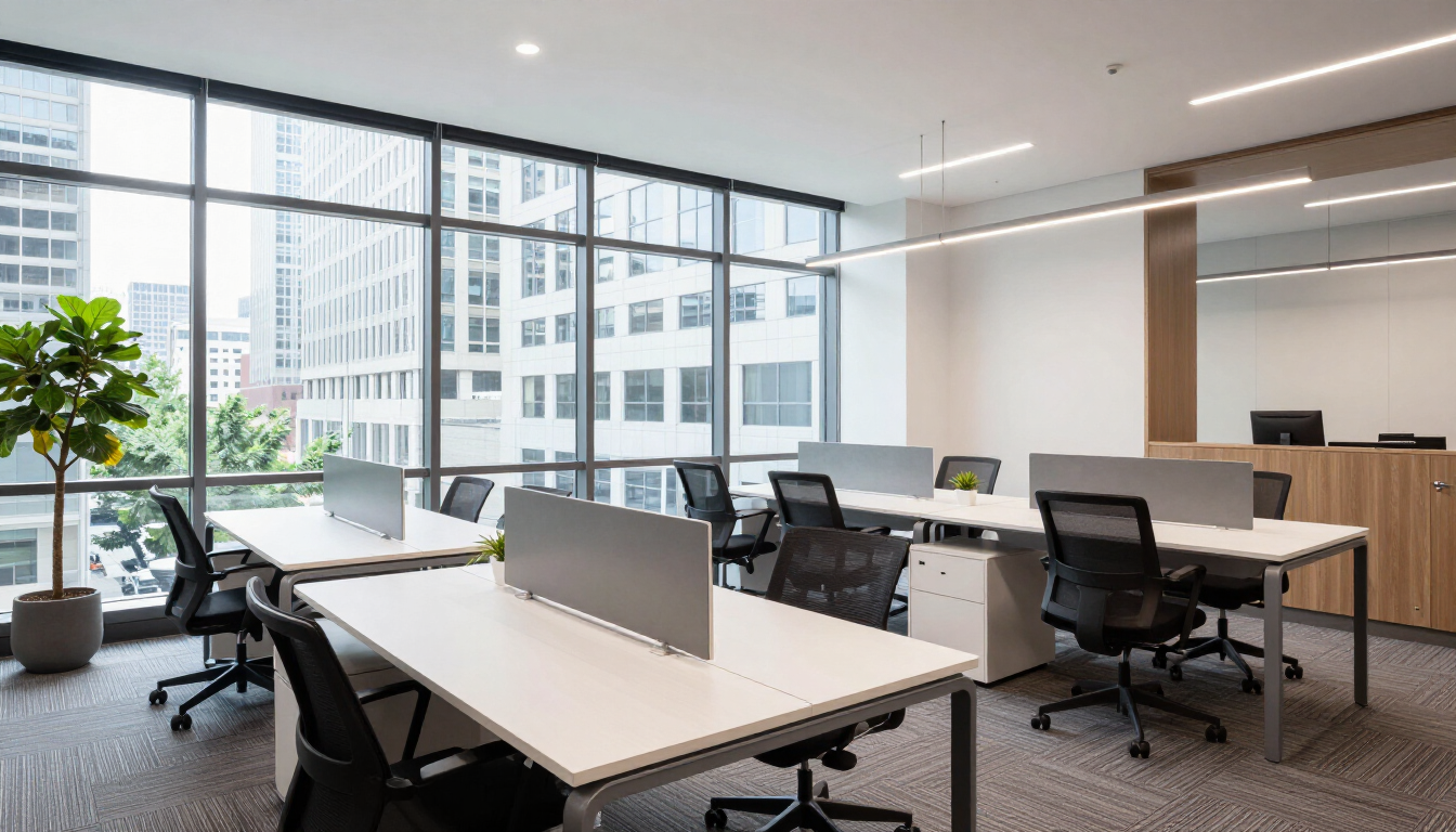Modern bright office space with natural light and contemporary furniture