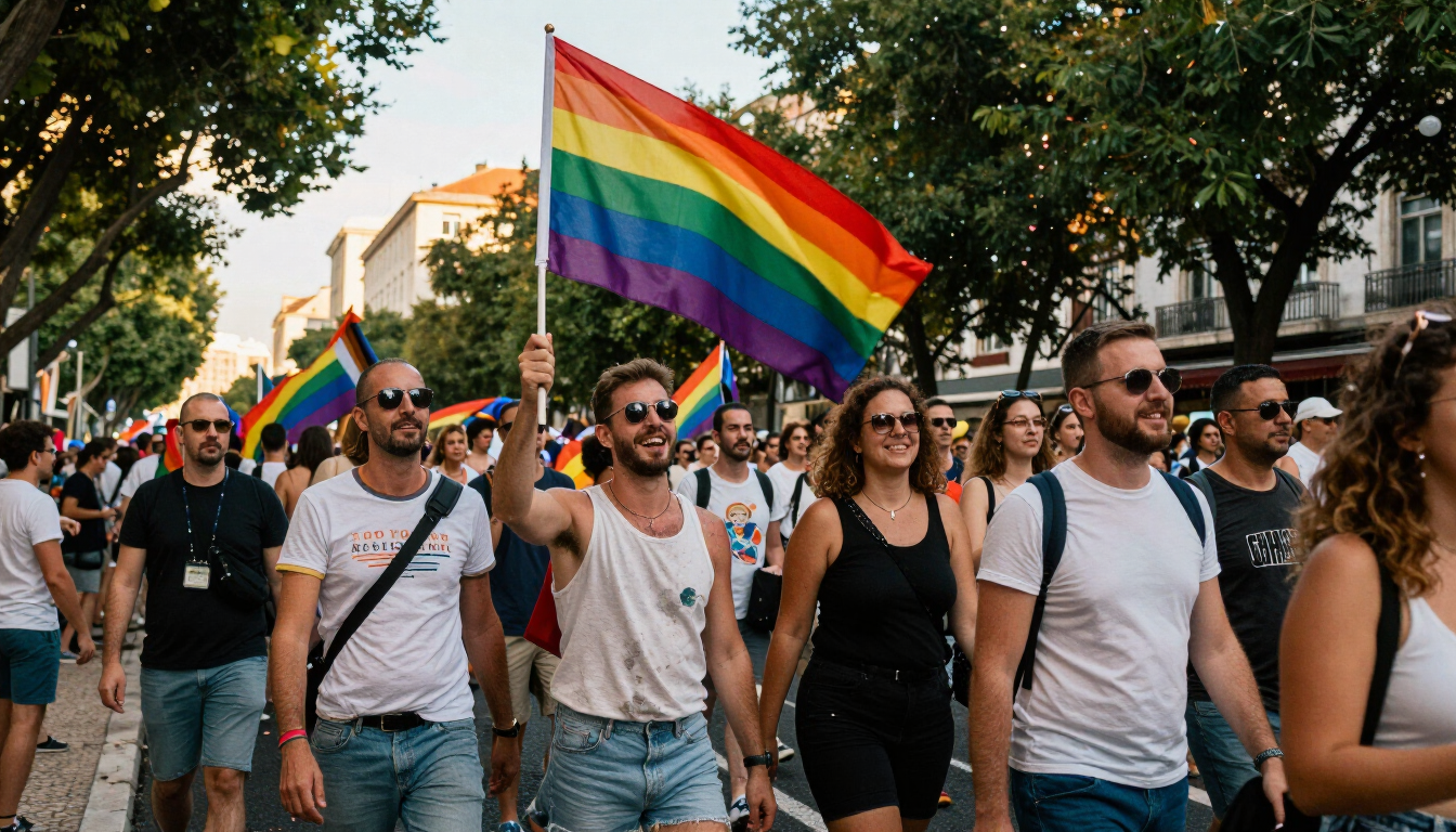 Marcha do Orgulho na Avenida da Liberdade, em Lisboa, com uma grande bandeira arco-íris sobre a multidão
