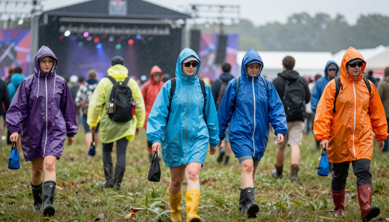 Group of music festival-goers wearing rain ponchos and festival jackets walking through wet grass in front of a stage.