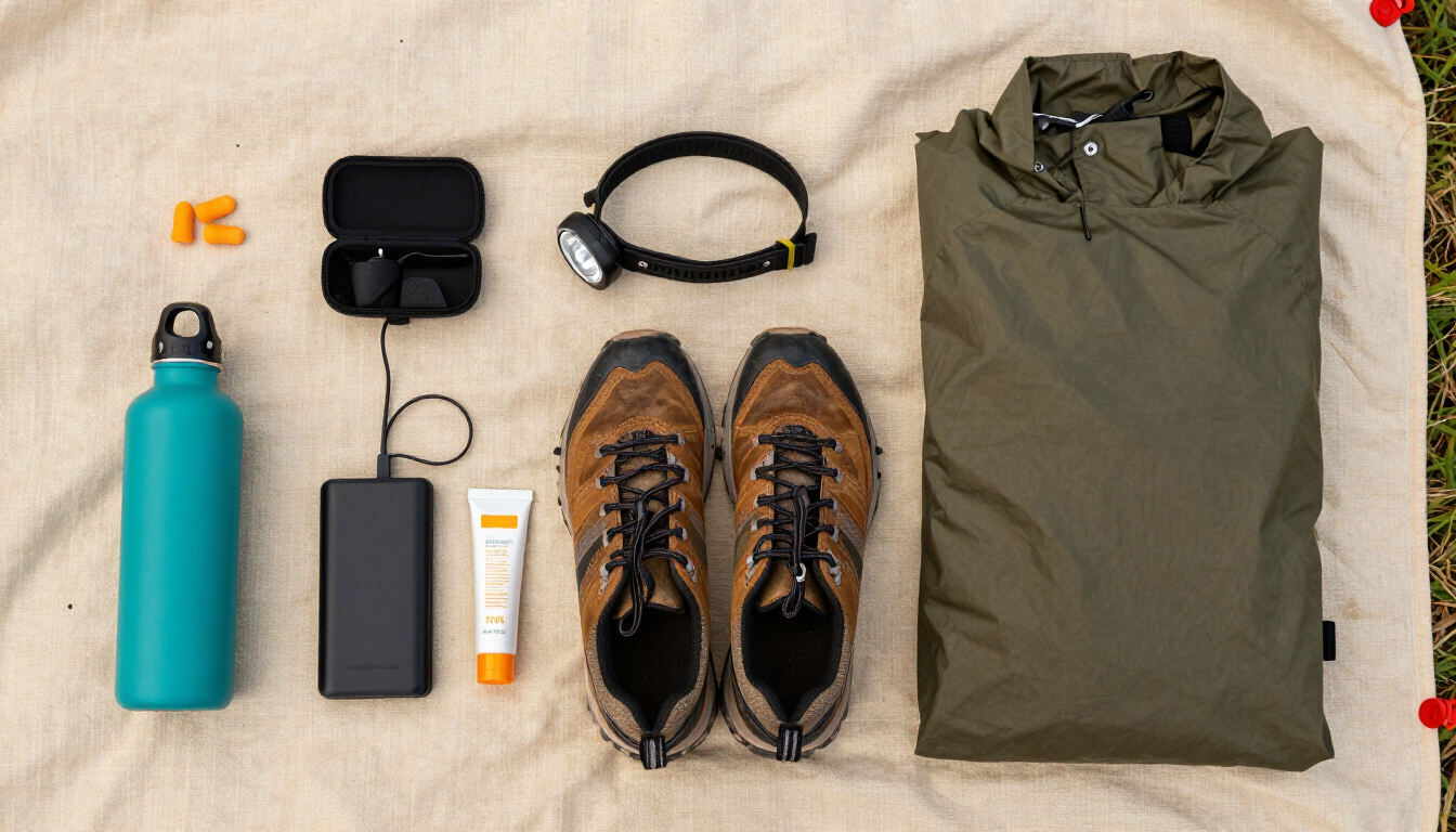 Flat lay of festival gear essentials including earplugs, water bottle, power bank, sunscreen, headlamp, trail shoes, and rain poncho arranged on a canvas blanket