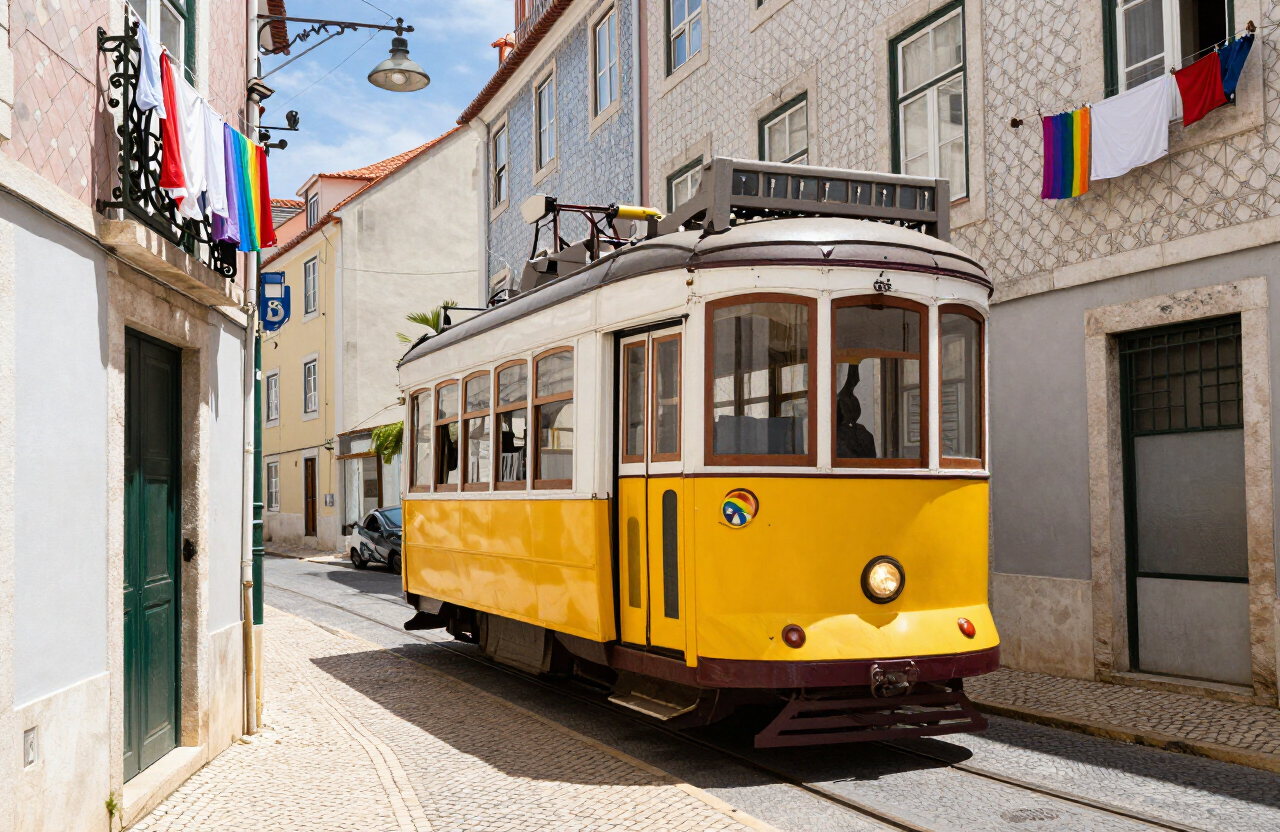 Elétrico 28 a subir uma rua de Alfama, em Lisboa, com fachadas de azulejo e uma bandeira arco-íris numa janela
