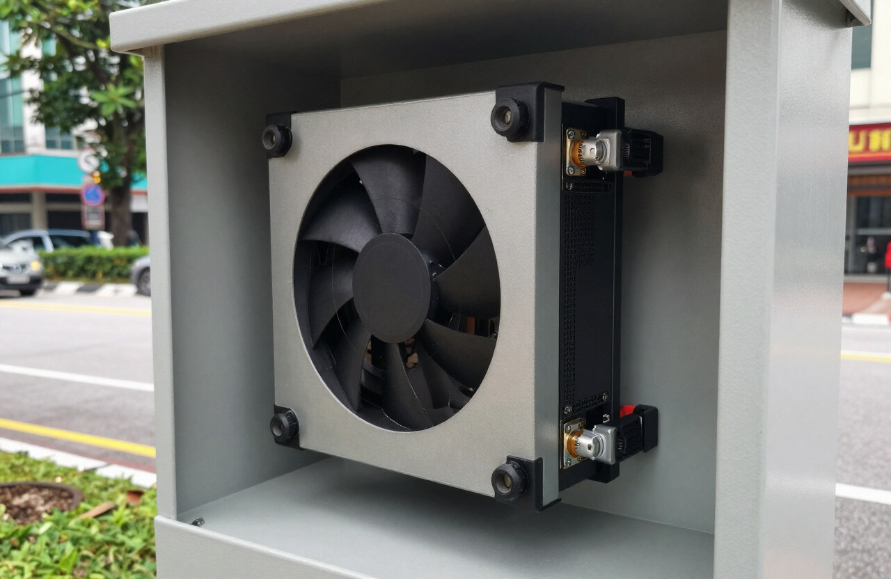 Axiomtek IP67-rated outdoor edge AI computer installed inside a roadside equipment cabinet in Kuala Lumpur