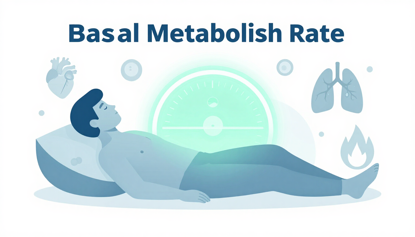 Illustration of human metabolism and basal metabolic rate with a resting figure, energy meter, and organ icons