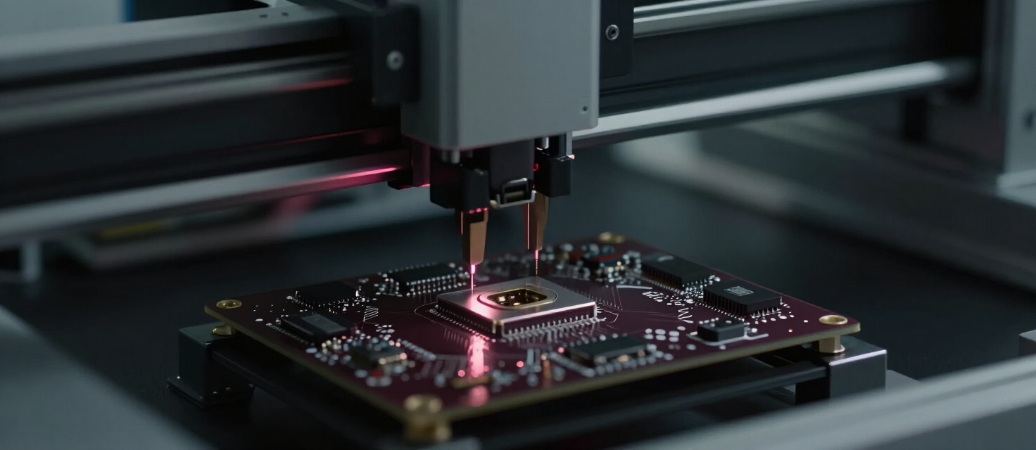 Automated SMT pick-and-place machine assembling a custom industrial PC board in an electronics manufacturing facility