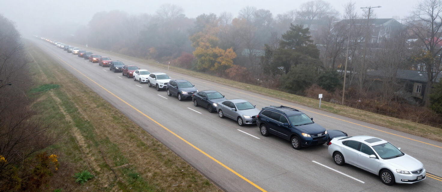 Aerial view of a chain-reaction multi-vehicle pileup on a foggy interstate with several vehicles at angles