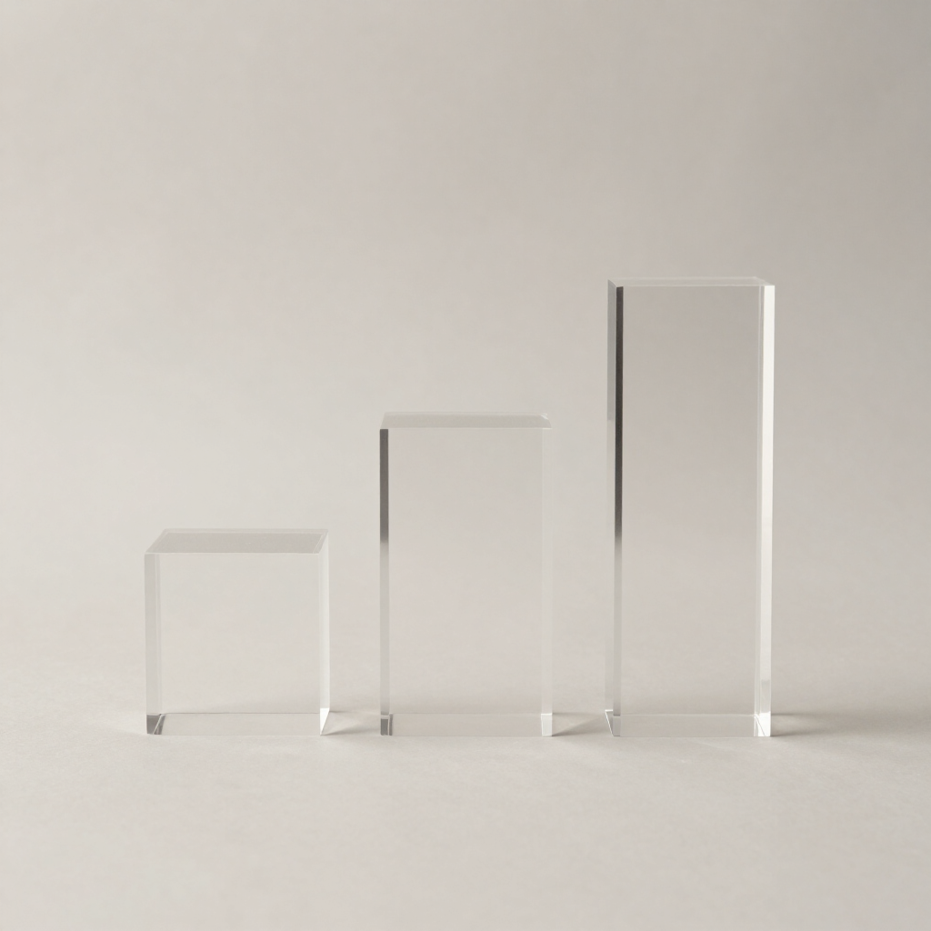 Set of three clear acrylic display risers in ascending heights