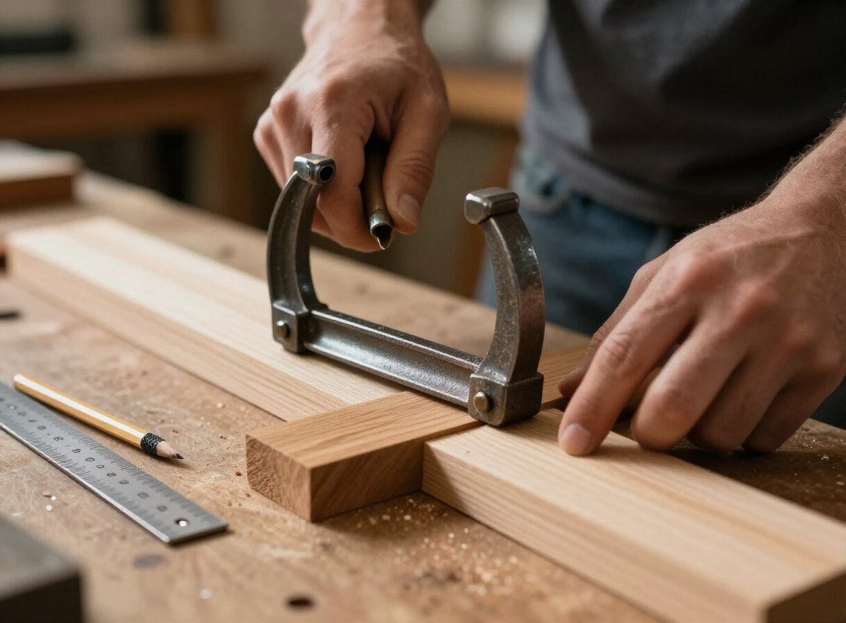 Close-up of a woodworker's hands using F-clamps and bar clamps to securely hold a wooden workpiece to a workbench before cutting, a combination square and pencil nearby