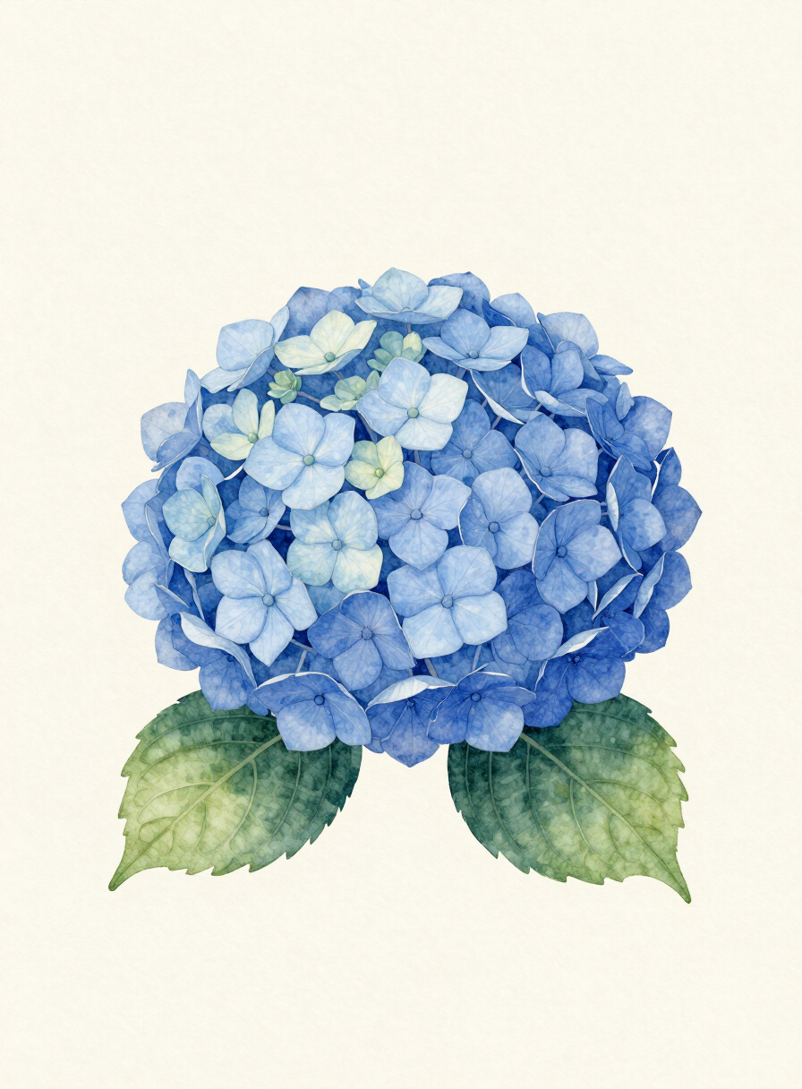 Watercolor painting of a sky blue Hydrangea