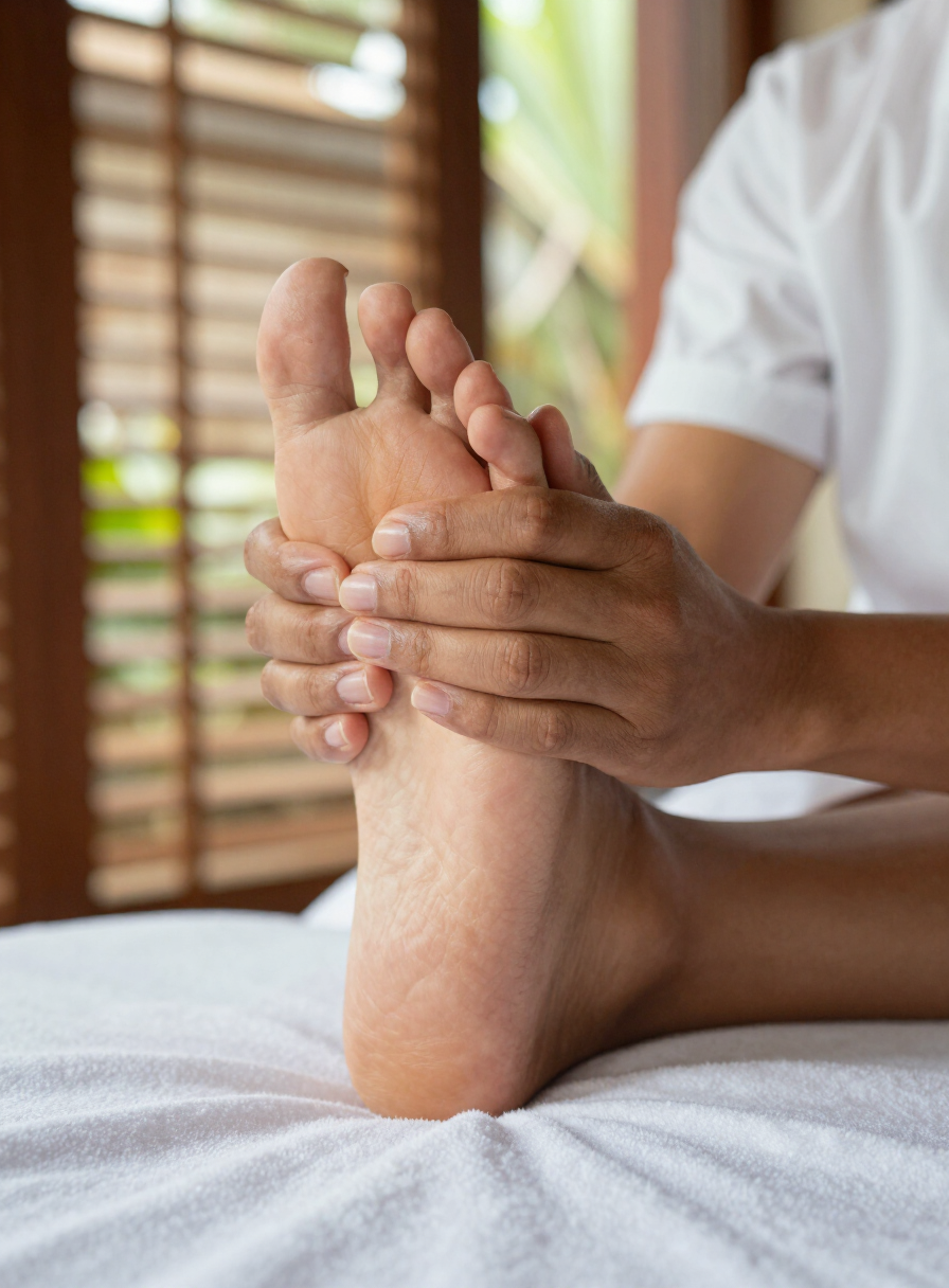 Balinese therapist pressing the sole of a guest’s foot during a foot reflexology session in a Bali villa