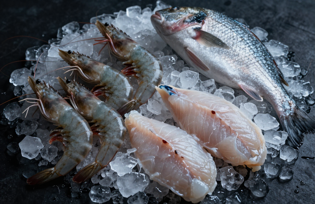 Camarón fresco y filetes de pescado blanco sobre hielo