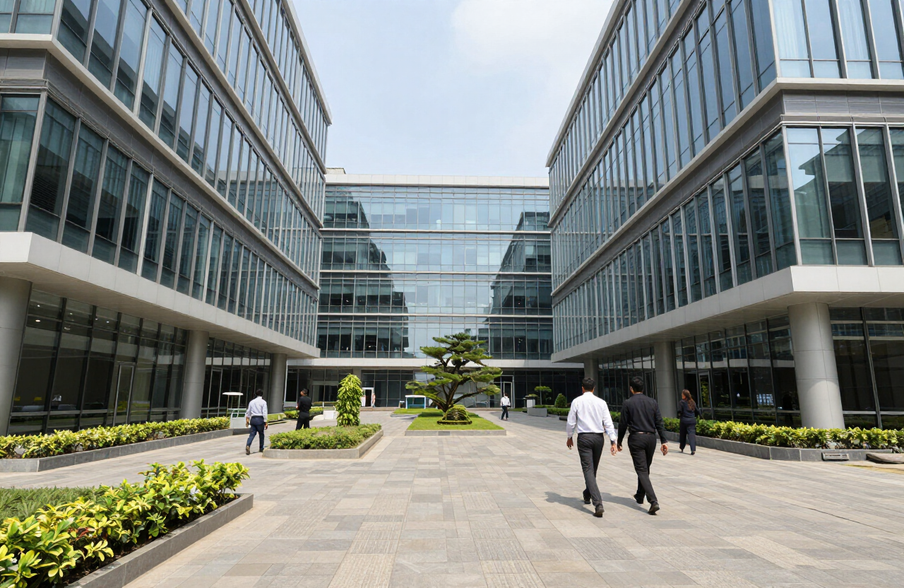 Modern IT office campus in Hyderabad with landscaped courtyard between glass buildings
