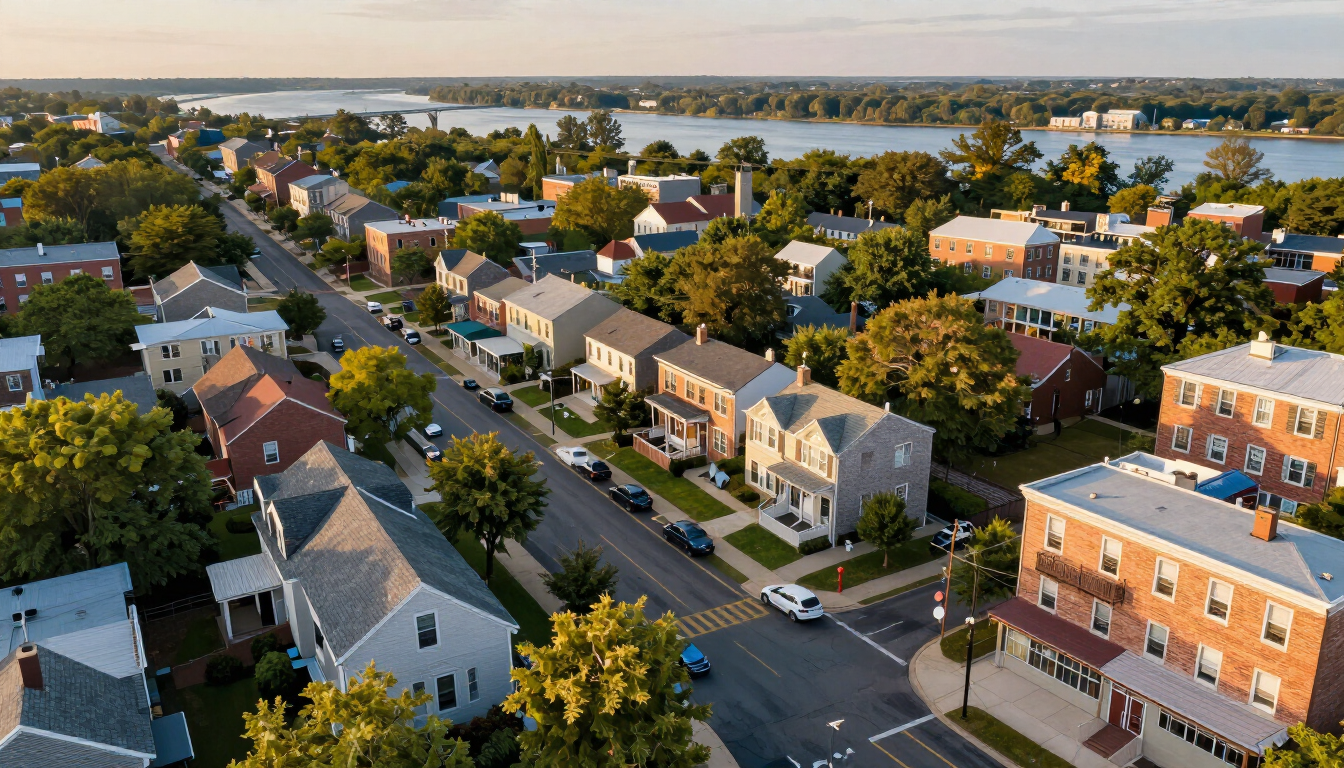 Illustrative aerial streetscape of Lyndhurst, New Jersey at golden hour showing a mix of single-family colonial homes, multifamily buildings, and mixed-use commercial storefronts