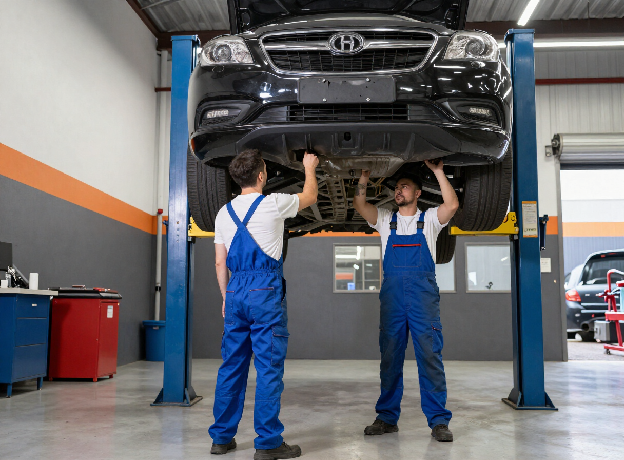 Automotive workshop team in branded workwear