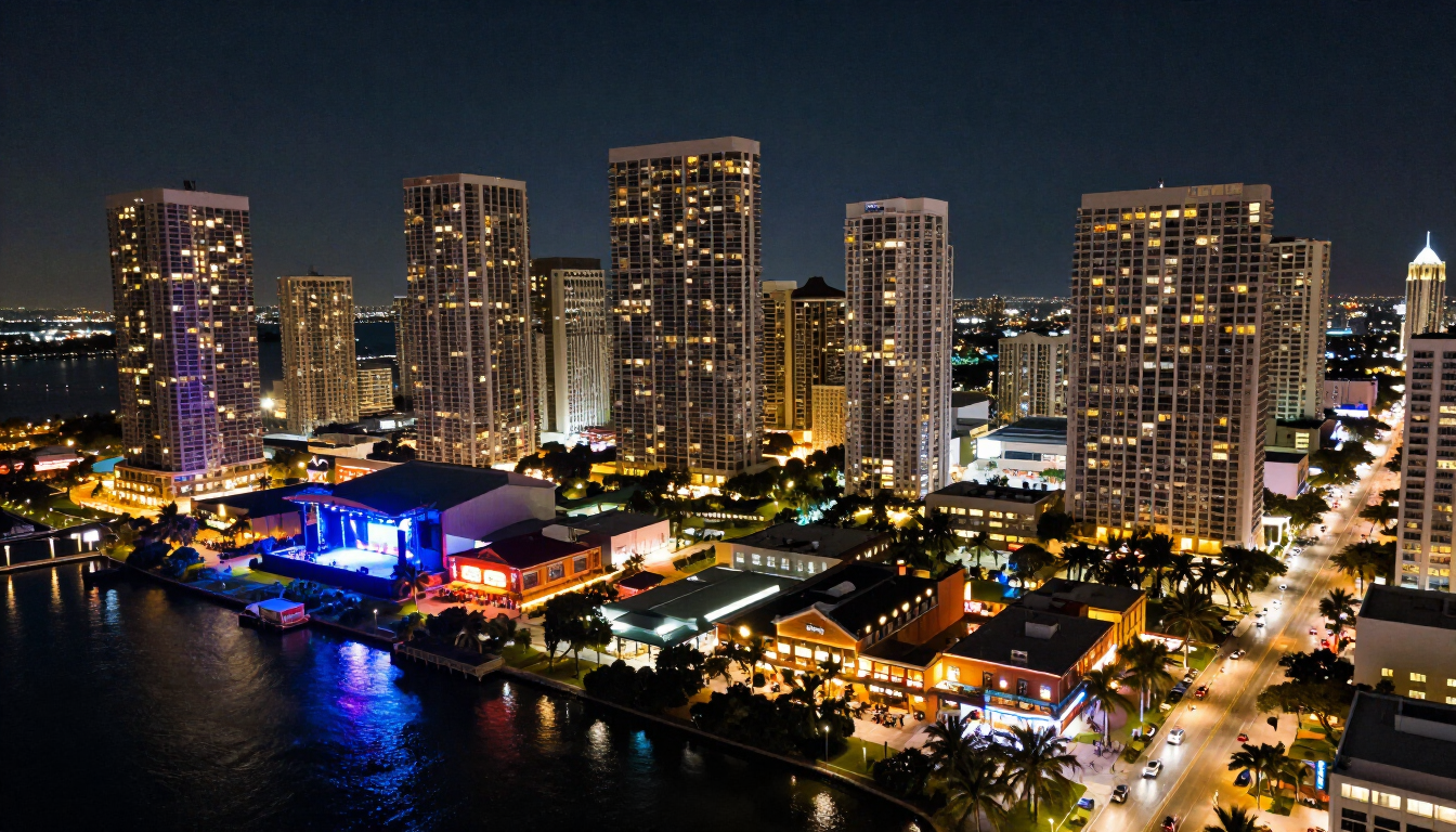 Aerial view of Miami at night showing concert venues, city lights, and nightlife areas along Biscayne Bay