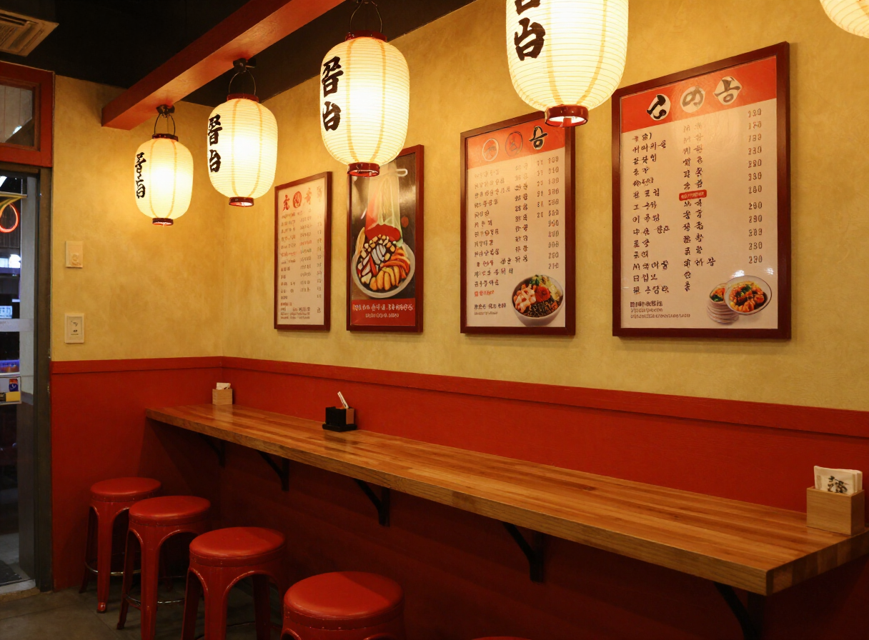 Loob ng RAM-YUM store na may pulang upuan at paper lanterns