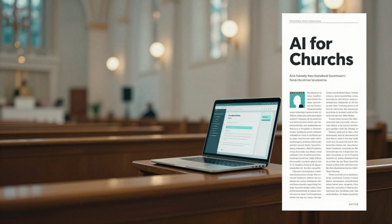 Laptop open on a table in an empty sanctuary next to a printed AI for churches guide
