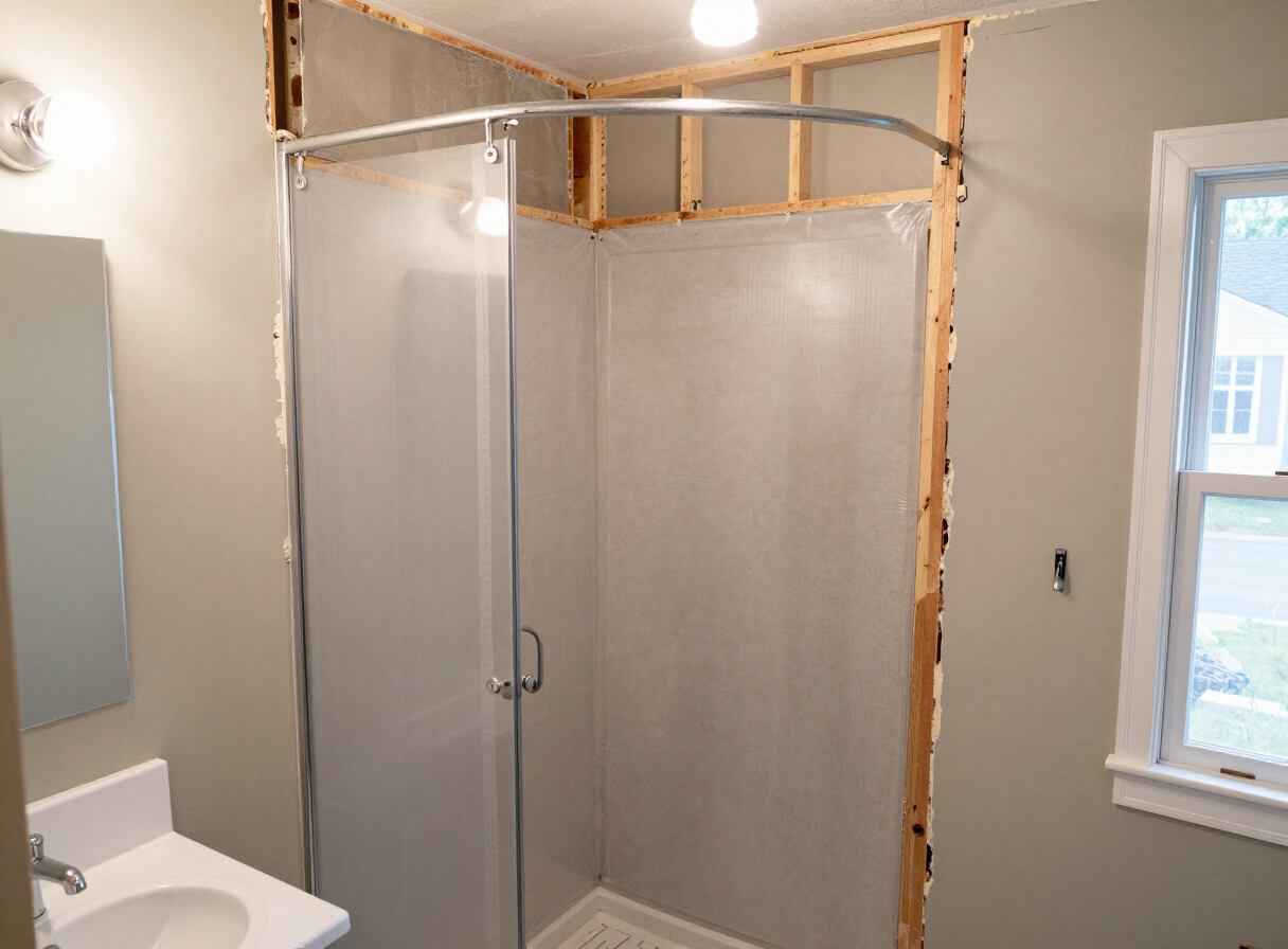 Waxhaw bathroom renovation in progress, with shower framing, cement board, and waterproofing being installed