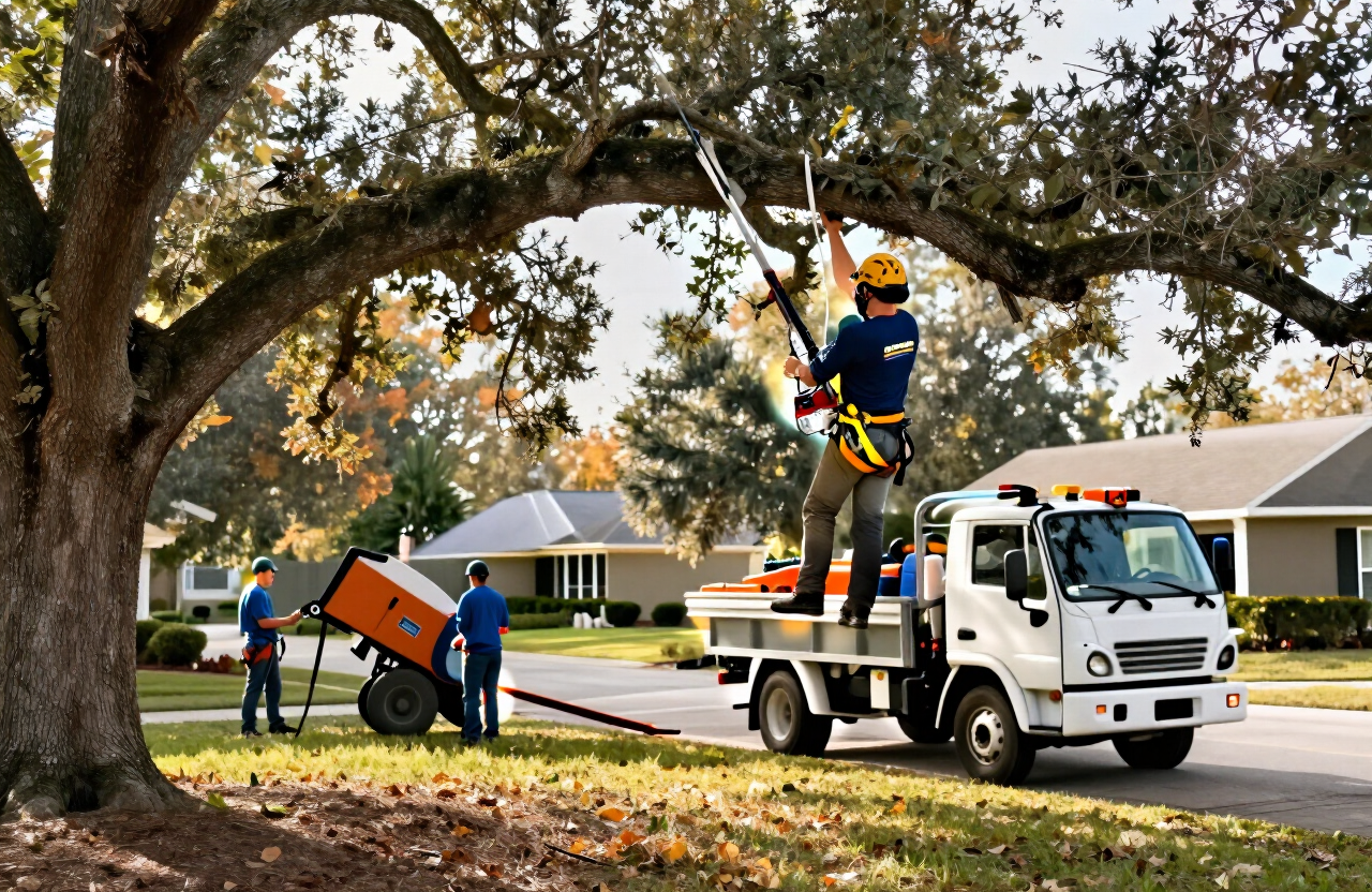 Certified arborist pruning a large oak limb over a Florida suburban yard with a bucket truck and chipper nearby