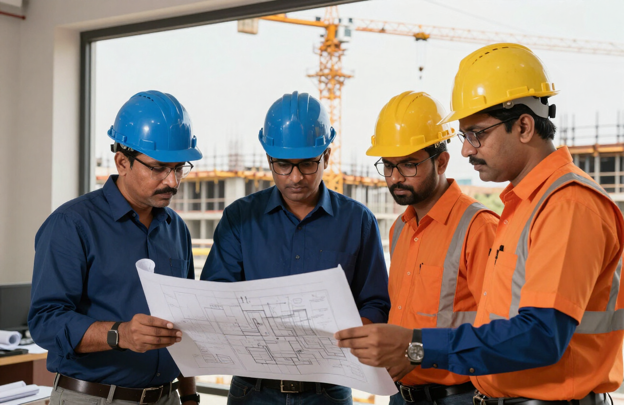Vardhan Engineering project team reviewing blueprints on site