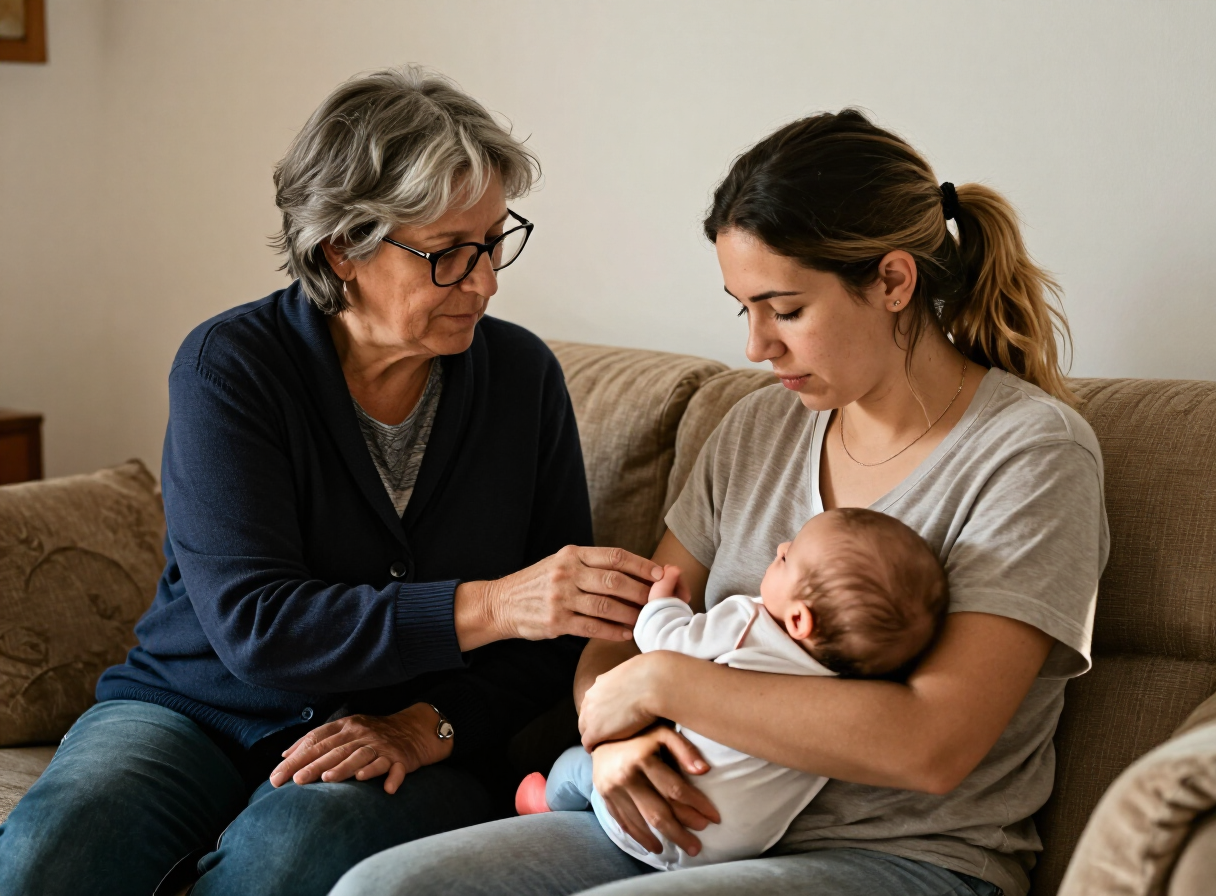 Una madre y una asesora observan juntas una toma y la postura del bebé en casa.