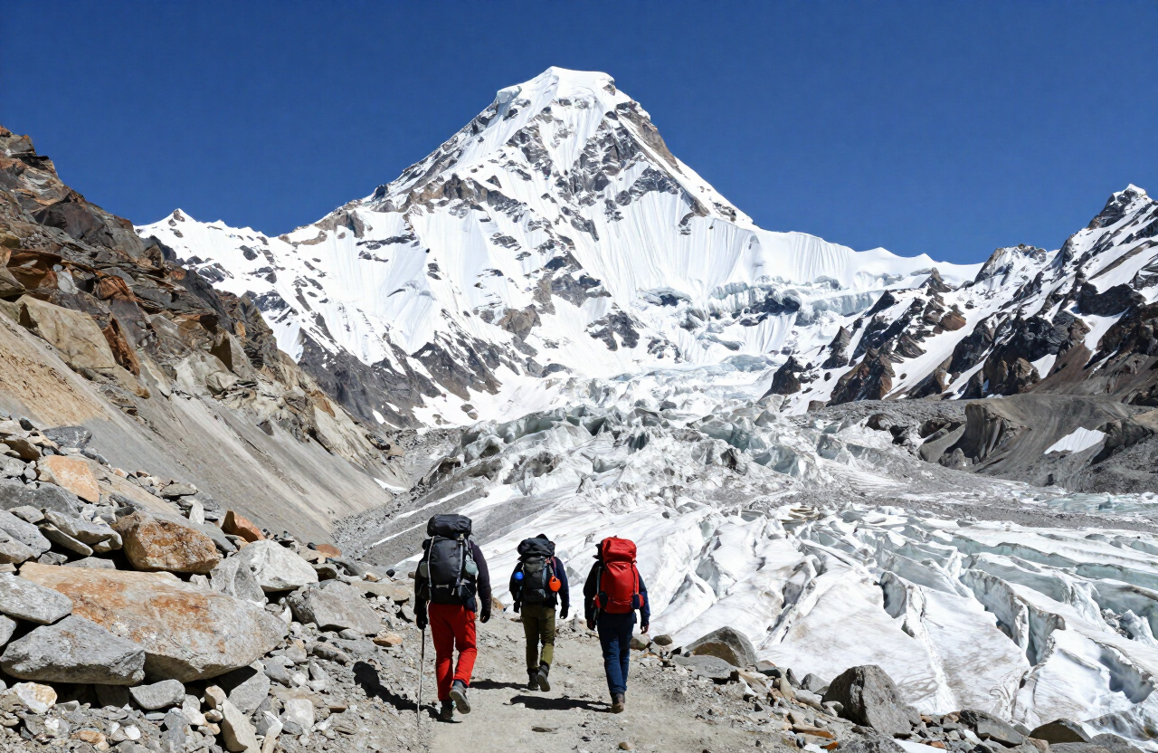 Trekkers on a rocky trail toward Tirich Mir base camp in the Hindu Kush