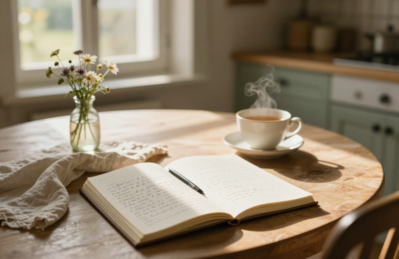 A sunlit kitchen table with travel notes, tea and wildflowers