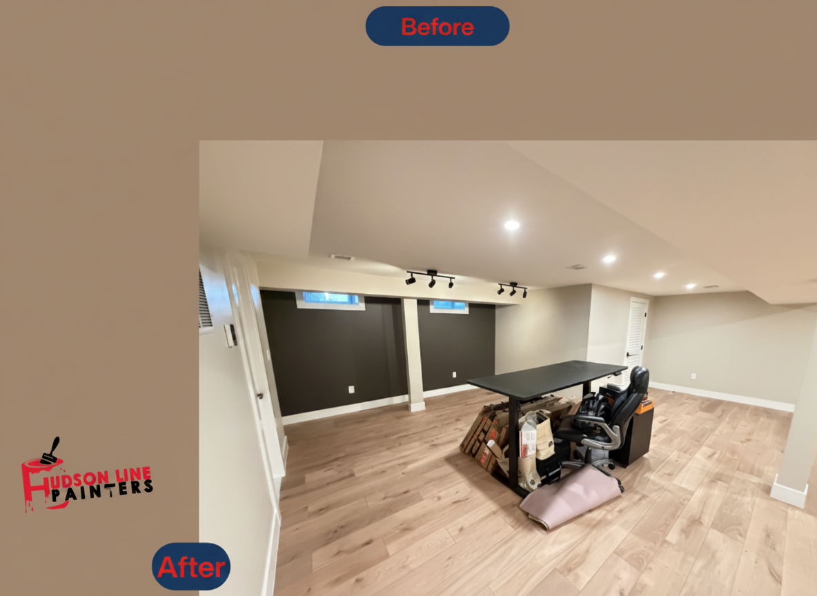 Fort Lee basement after painting - finished home office with light wood flooring