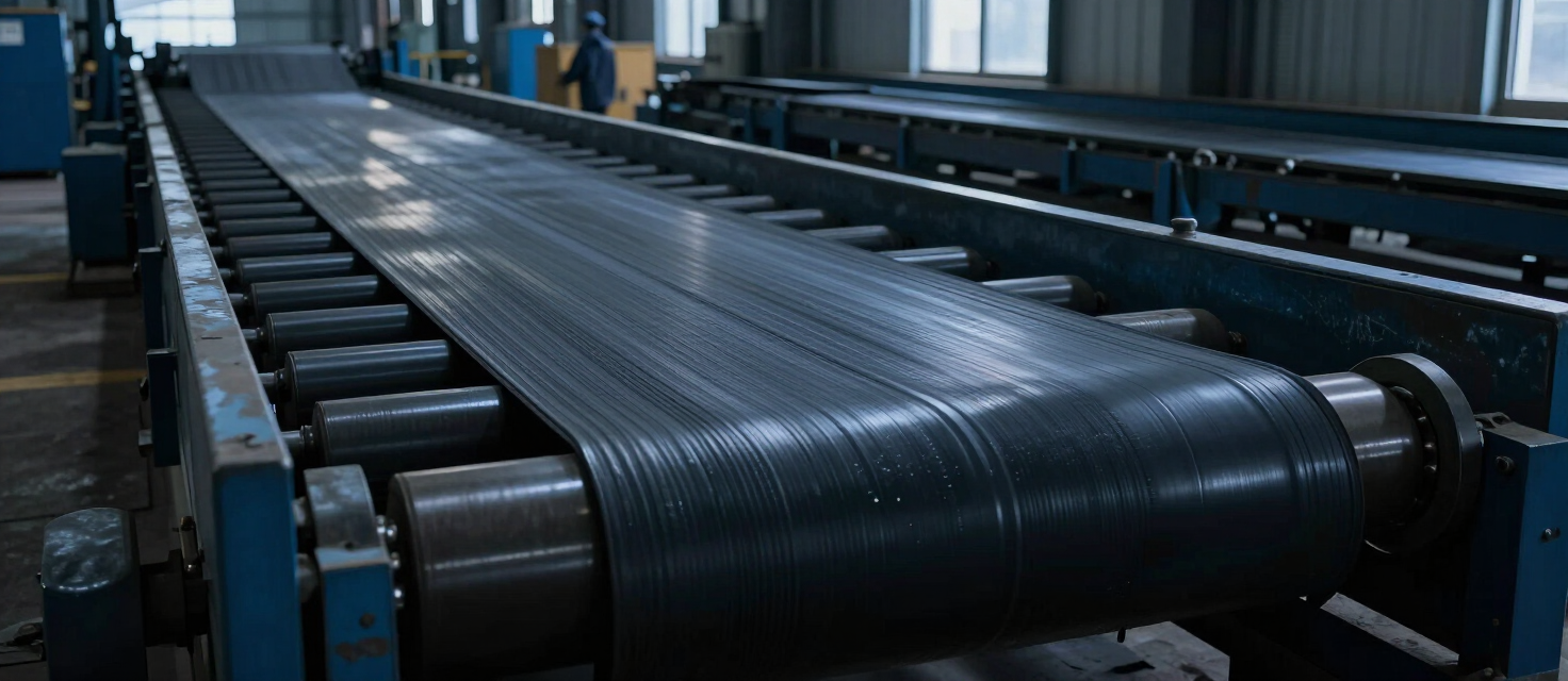 A rubber conveyor belt moving through a production line
