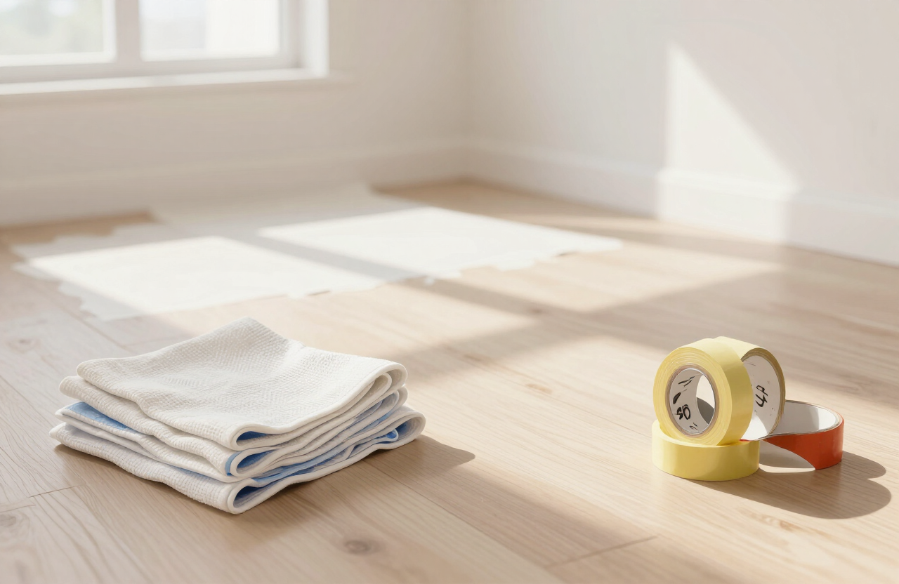 Illustrative interior painting prep with drop cloths and protected floors in a Hoboken condo