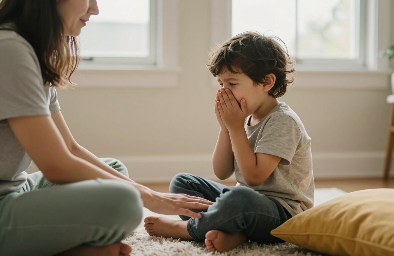 A young child experiencing a big feeling while a calm caregiver sits nearby, offering a steady presence in a warm family home.