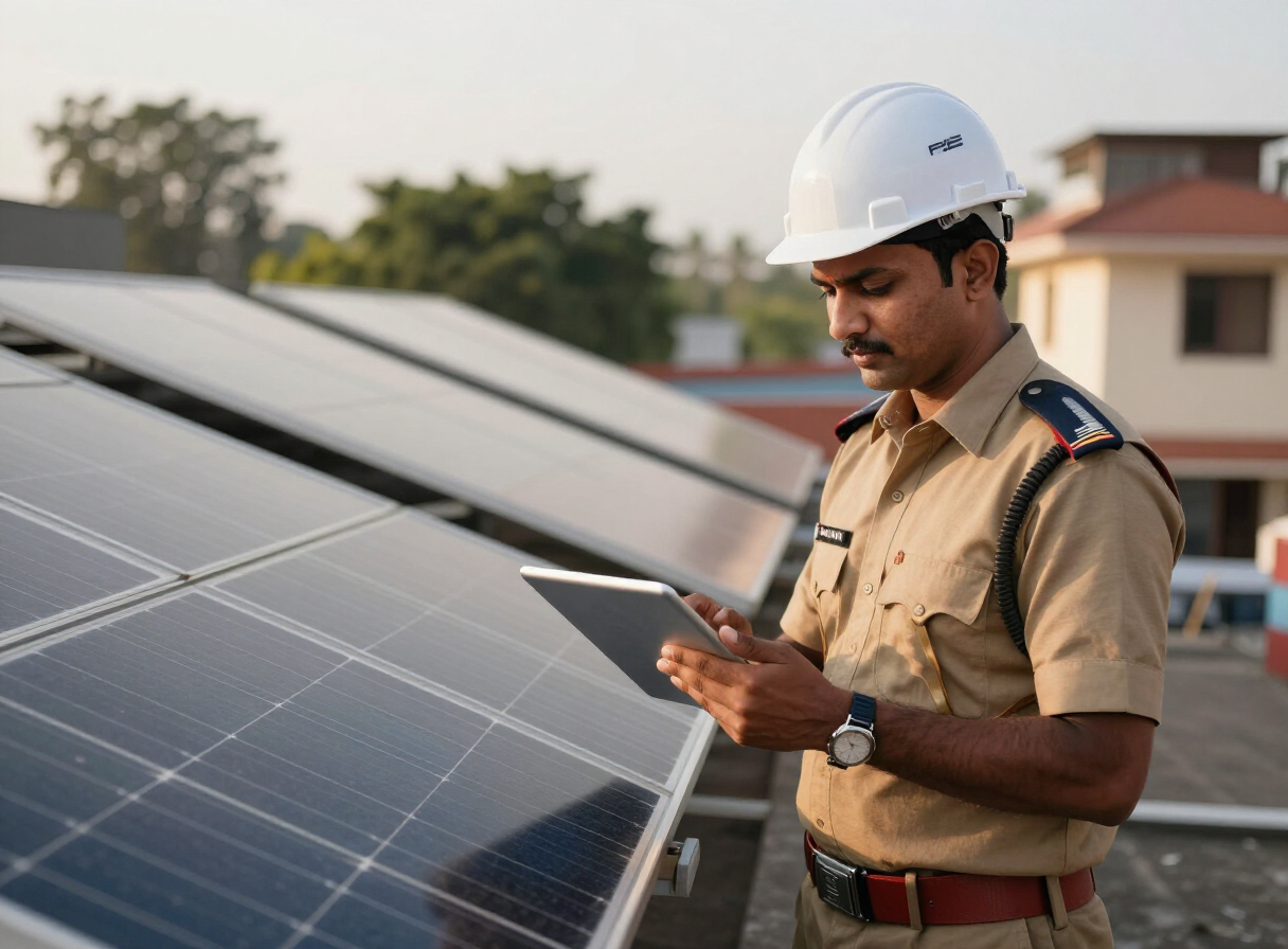 Engineer inspecting a residential rooftop solar installation with a tablet
